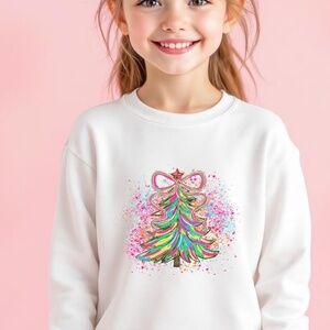Christmas T-shirt Whimsical tree Pink soft fun 2T- XL Custom made Girl White tee